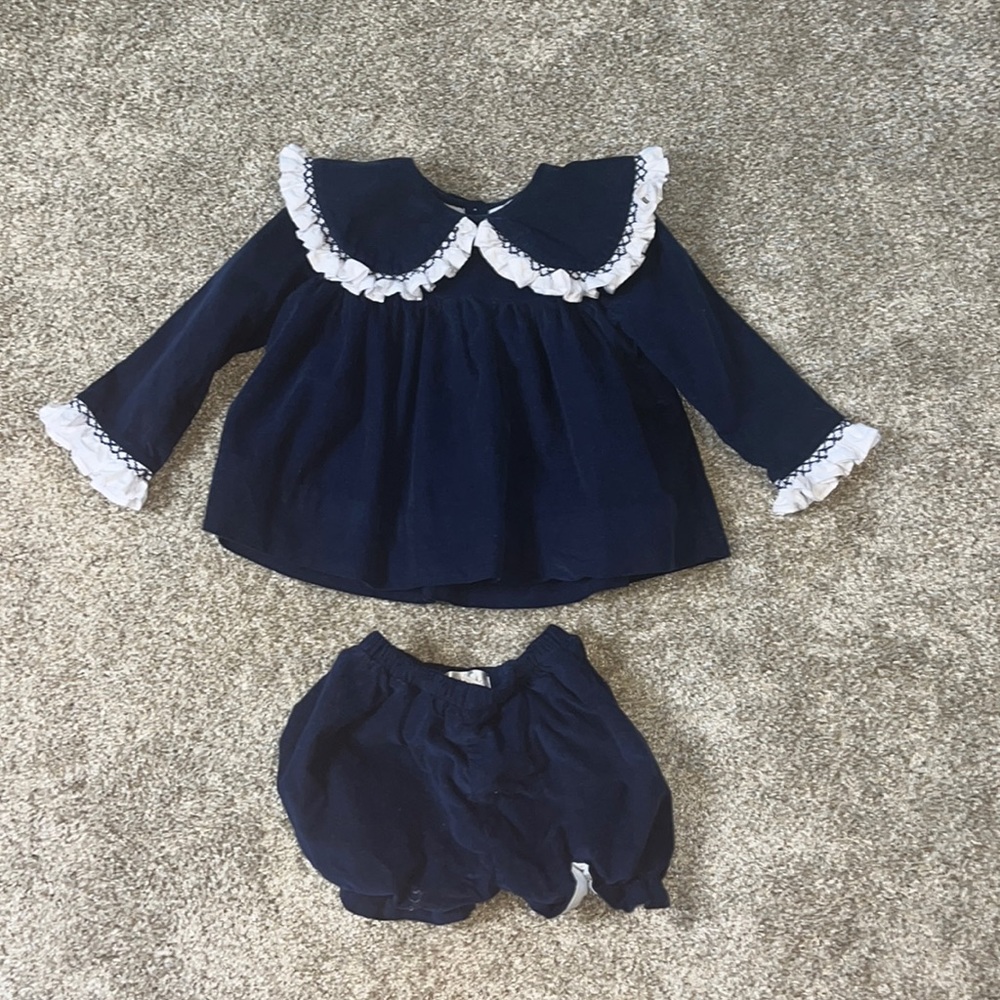 Cecil and Lou Navy Corduroy Smocked Ruffle Bloomer Set 2T
